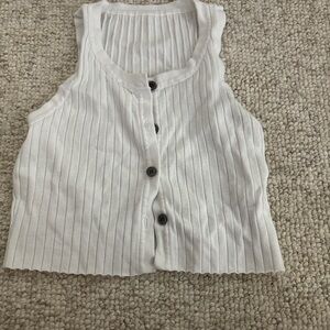 White Ribbed Sleeveless Button-Up Top